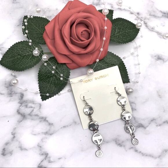 New Tory Burch Silver Round Drop T French Wire Dangle Earrings - Picture 4 of 7